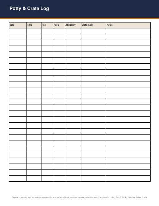 Page 14: Potty & Crate Log from the New Bully Owner Kit