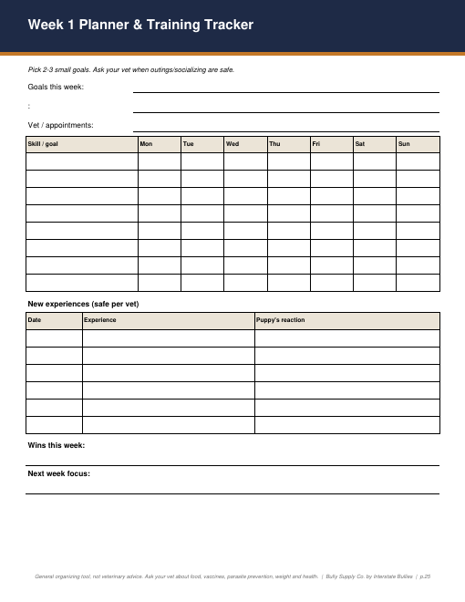 Page 25: Week 1 Planner & Training Tracker from the New Bully Owner Kit