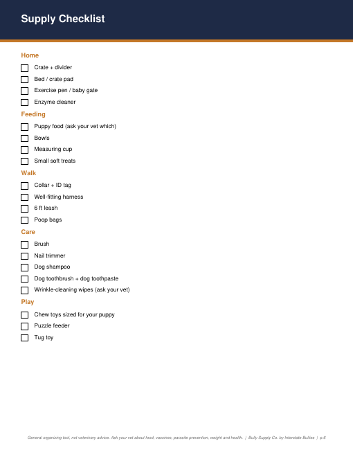 Page 6: Supply Checklist from the New Bully Owner Kit